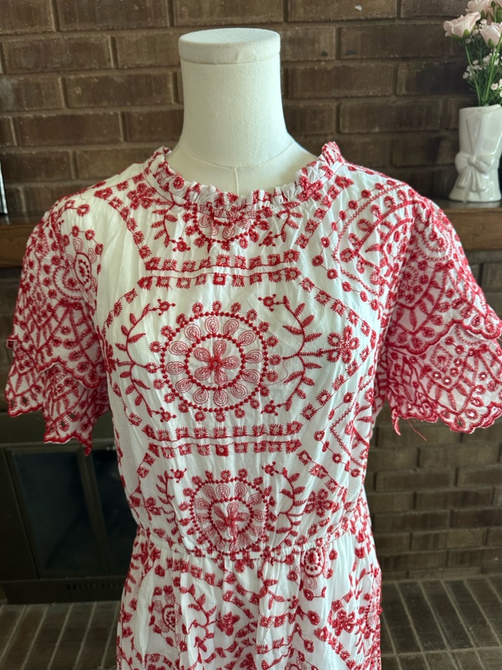 NWT Hayden LA Boho Embroidered Eyelet Lace Midi Red White Scallop Sleeve 1XL - Picture 6 of 11